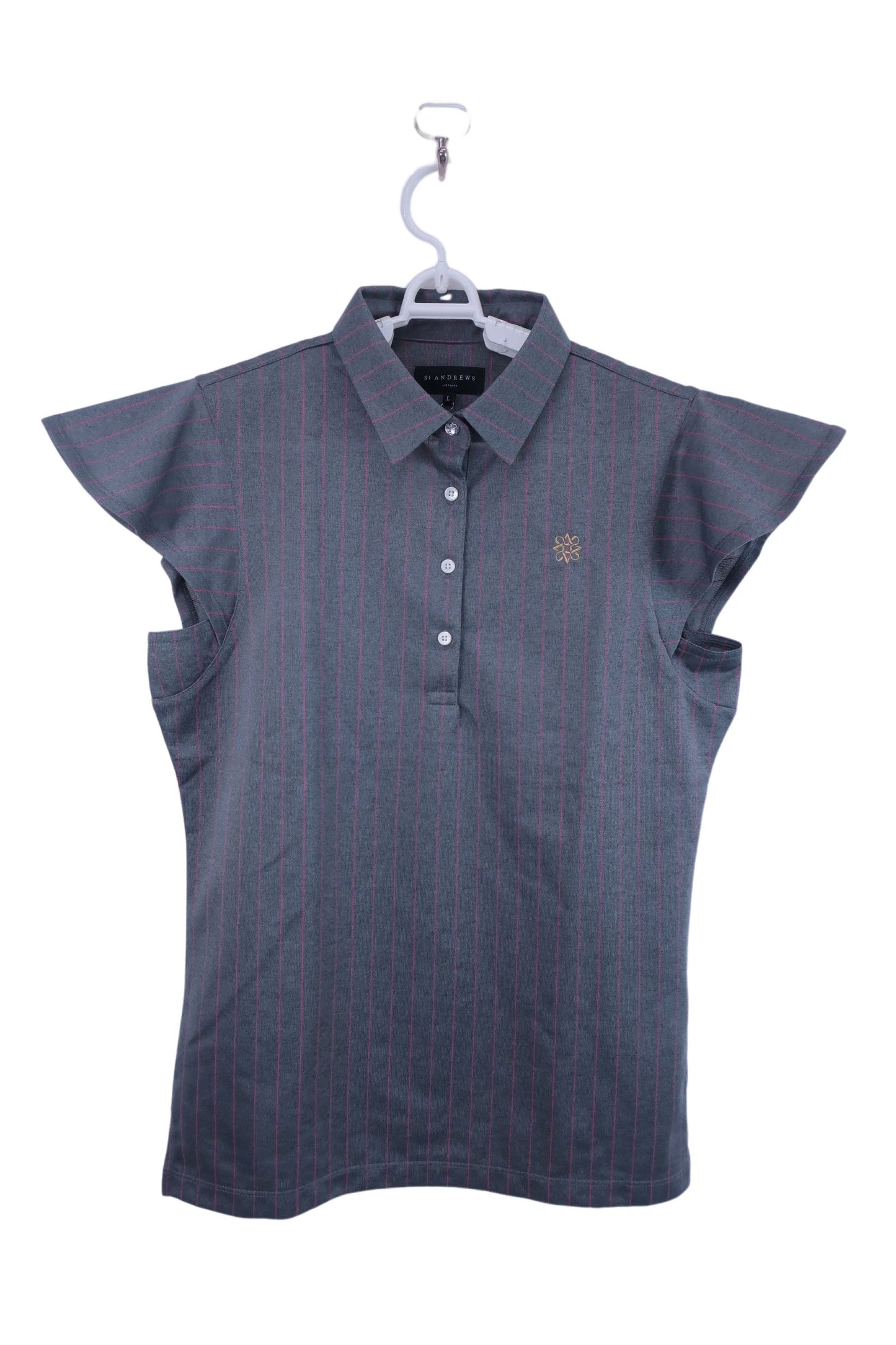 【超美品】St ANDREWS(セントアンドリュース) フレンチスリーブポロシャツ グレーピンクストライプ レディース L 043-3260604 2023年春夏モデル ゴルフウェア 2307-0135 中古