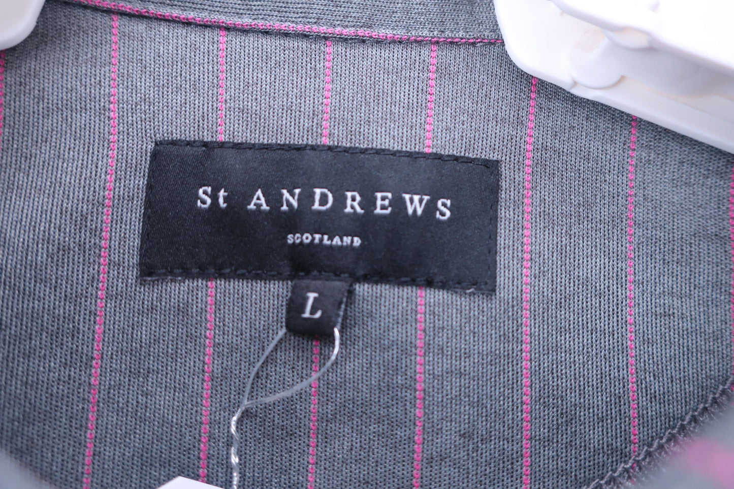 【超美品】St ANDREWS(セントアンドリュース) フレンチスリーブポロシャツ グレーピンクストライプ レディース L 043-3260604 2023年春夏モデル ゴルフウェア 2307-0135 中古