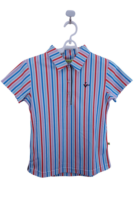 【未使用品】VIVA HEART(ビバハート) ポロシャツ カラフルストライプ レディース 38 012-29341 ゴルフウェア 2307-0229 新品