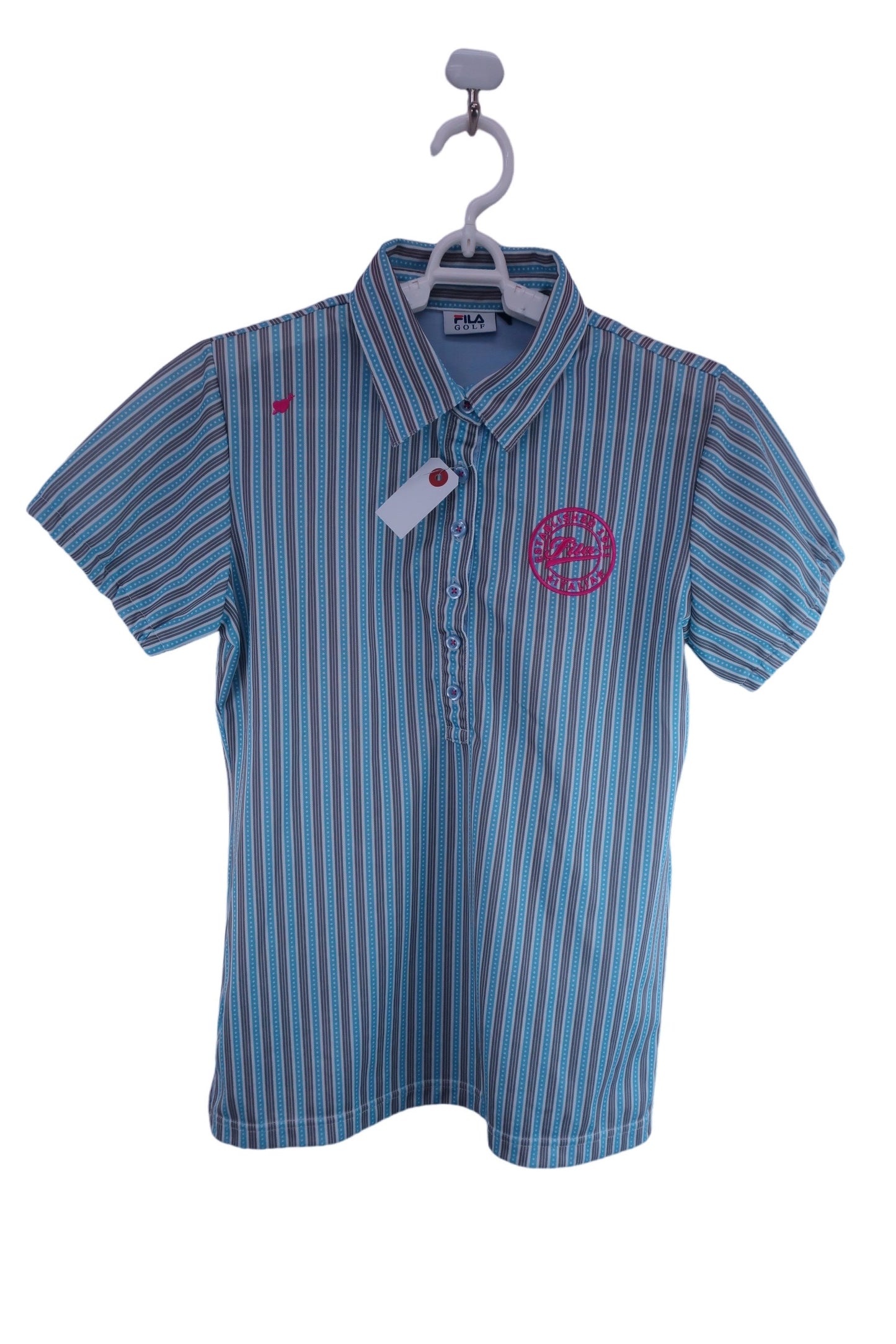 【美品】FILA GOLF(フィラゴルフ) ポロシャツ 水色グレーストライプ レディース L ゴルフウェア 2310-0205 中古