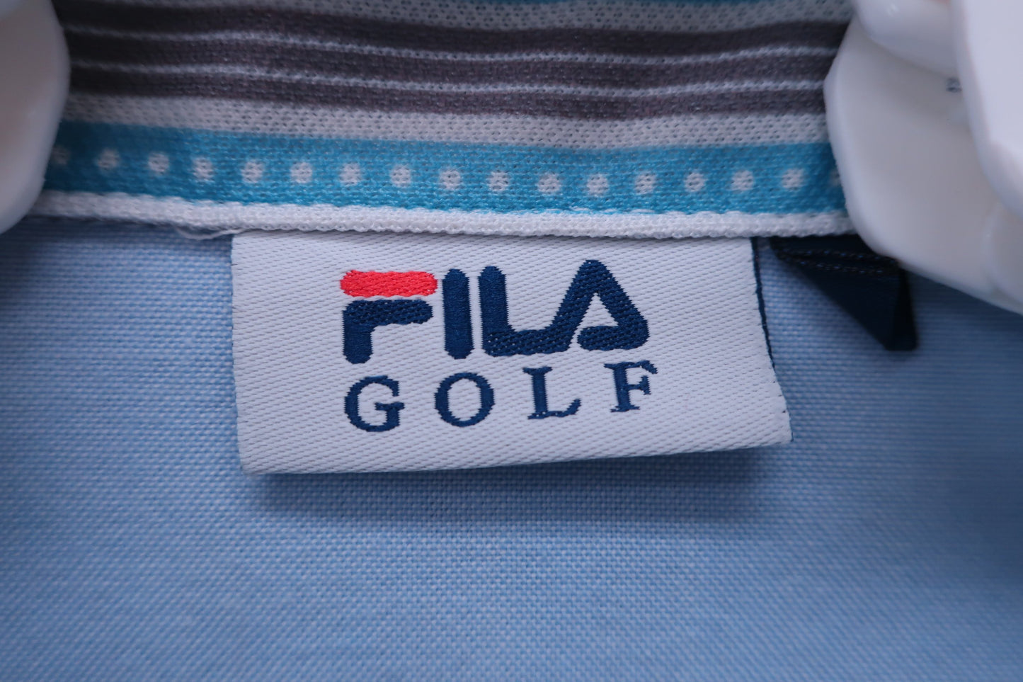 【美品】FILA GOLF(フィラゴルフ) ポロシャツ 水色グレーストライプ レディース L ゴルフウェア 2310-0205 中古