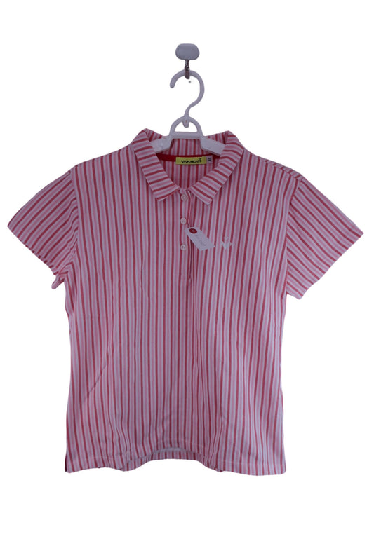 【美品】VIVA HEART(ビバハート) ポロシャツ ピンク白赤ストライプ レディース 44 ゴルフウェア 2310-0209 中古
