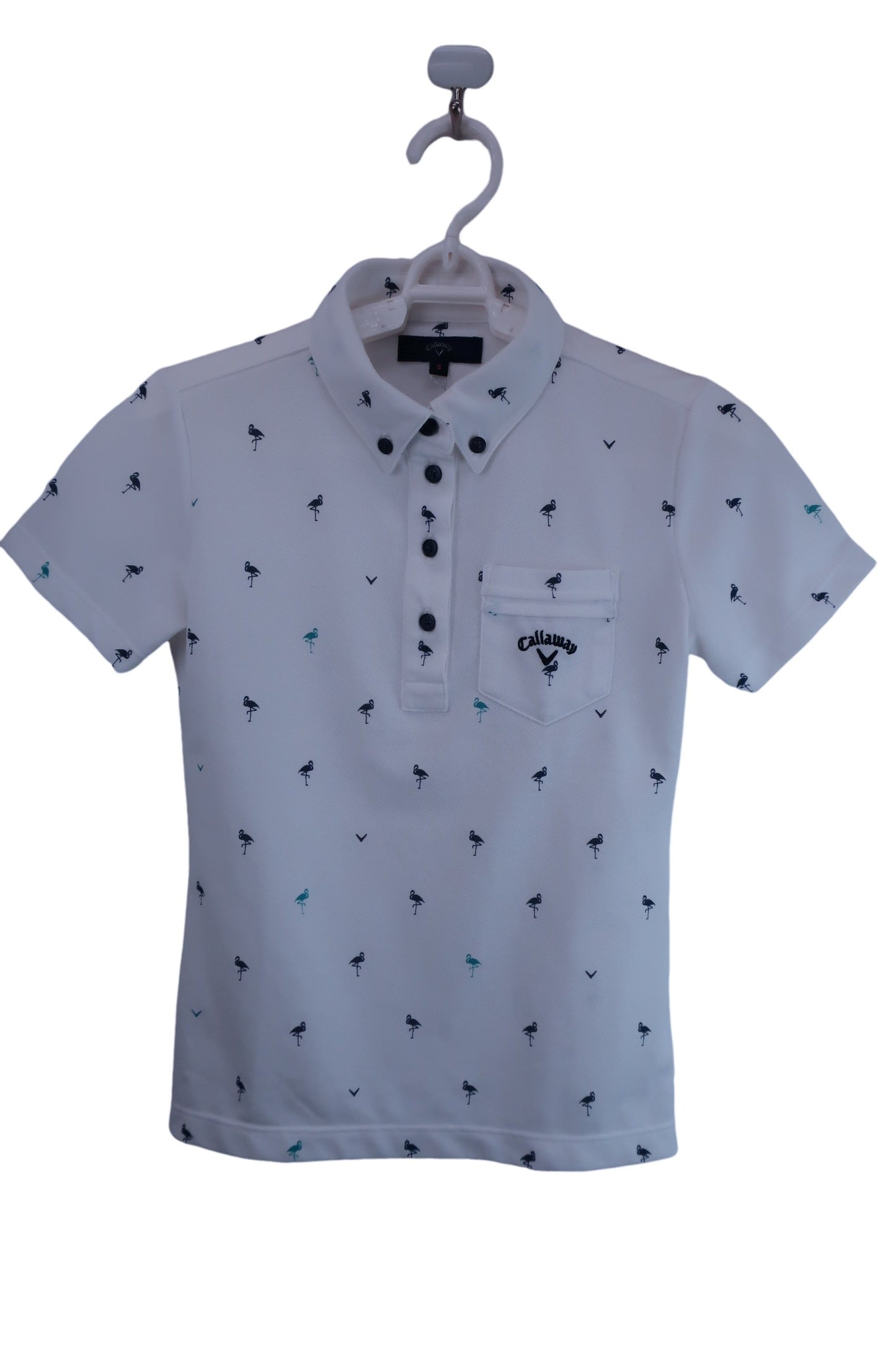 Callaway(キャロウェイ) ポロシャツ 白紺フラミンゴ柄 レディース S ゴルフウェア 2312-0431 中古