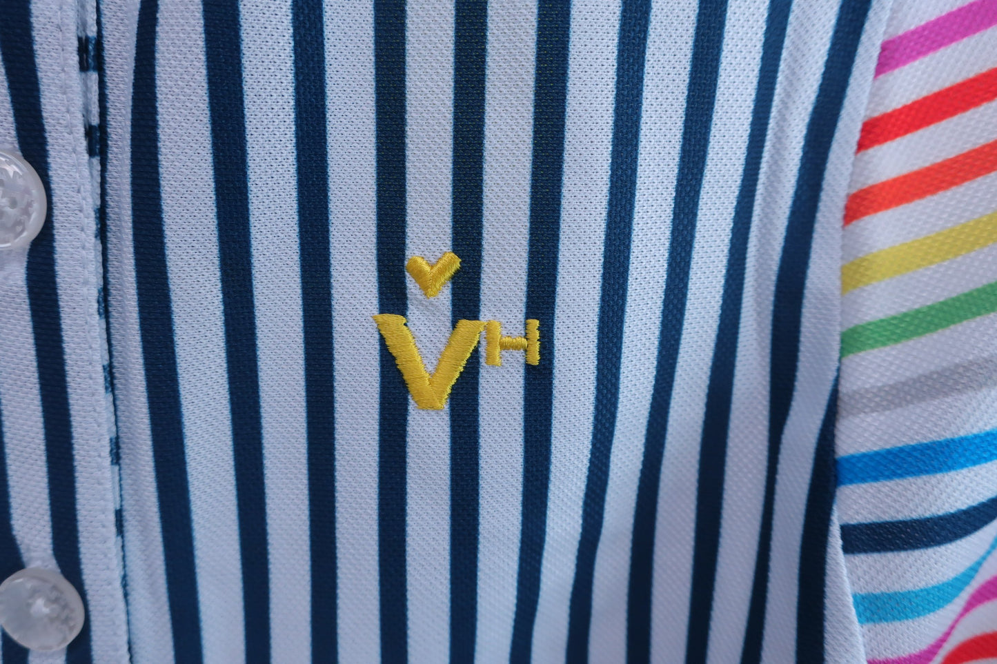 【未使用品】VIVA HEART(ビバハート) ポロシャツ 白紺ストライプ レディース 40 012-27446 ゴルフ用品 2403-0399 新品