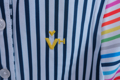 【未使用品】VIVA HEART(ビバハート) ポロシャツ 白紺ストライプ レディース 40 012-27446 ゴルフ用品 2403-0399 新品
