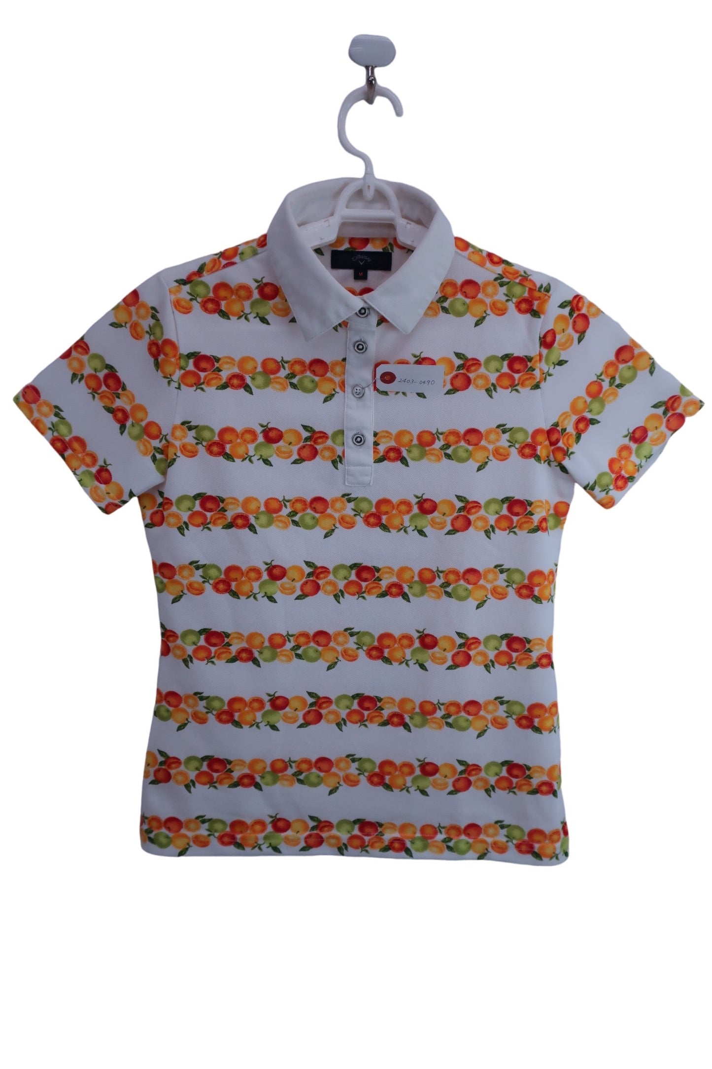 【美品】Callaway(キャロウェイ) ポロシャツ 白フルーツ柄 レディース M ゴルフ用品 2403-0490 中古
