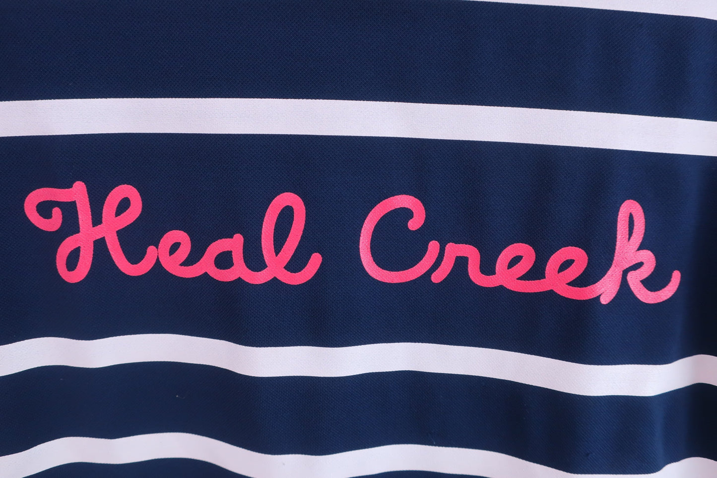 【美品】Heal Creek(ヒールクリーク) 半袖ハイネックシャツ 青白ボーダー レディース 42 ゴルフ用品 2405-0448 中古