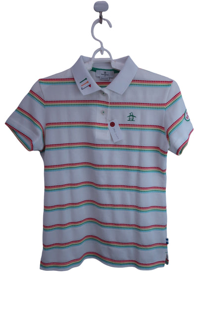 【美品】Munsingwear(マンシングウェア) ポロシャツ 白カラフルボーダー レディース M ゴルフ用品 2406-0297 中古