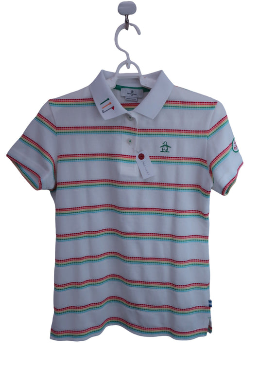 【美品】Munsingwear(マンシングウェア) ポロシャツ 白カラフルボーダー レディース M ゴルフ用品 2406-0297 中古