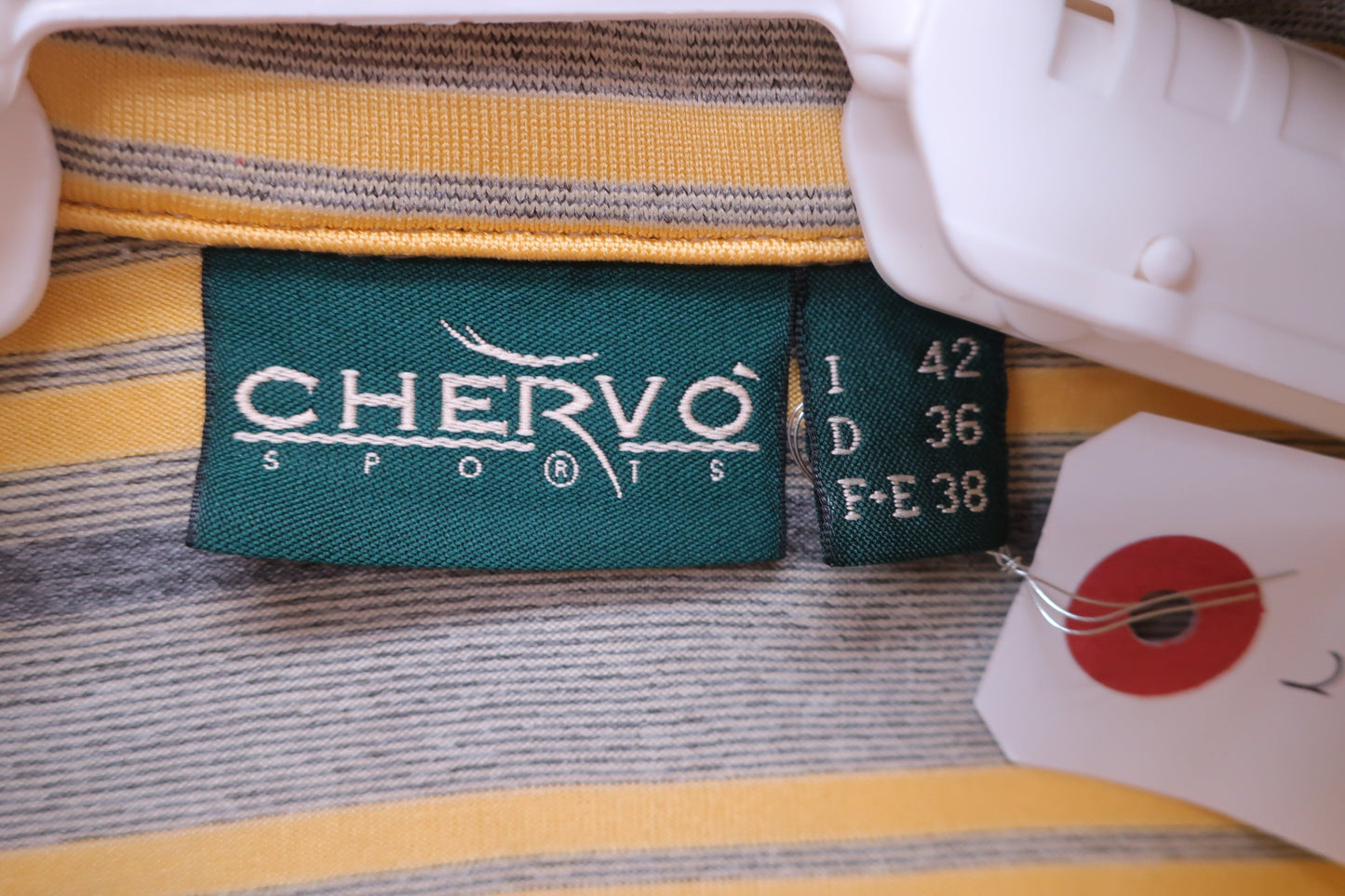 【美品】CHERVO SPORTS(シェルボスポーツ) ポロシャツ グレー黄色ボーダー レディース 42 ゴルフ用品 2406-0556 中古