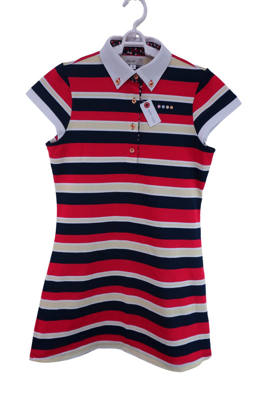 【美品】nuni(ヌニ) ポロシャツワンピース 赤紺白黄色 レディース 40 ゴルフ用品 2407-0260 中古