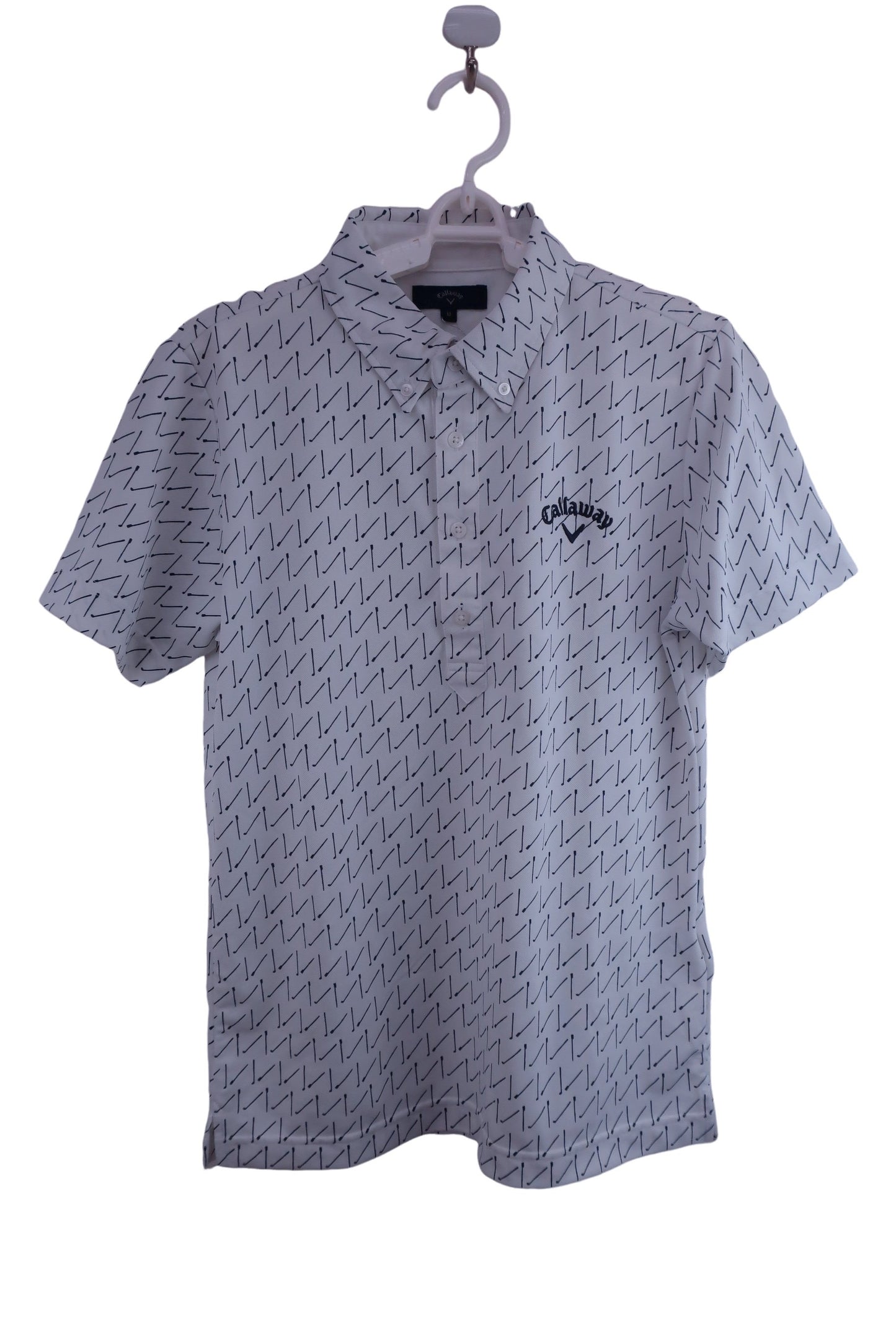 【美品】Callaway(キャロウェイ) ポロシャツ 白ネイビークラブ柄 メンズ M 241-0134414 ゴルフ用品 2408-0380 中古