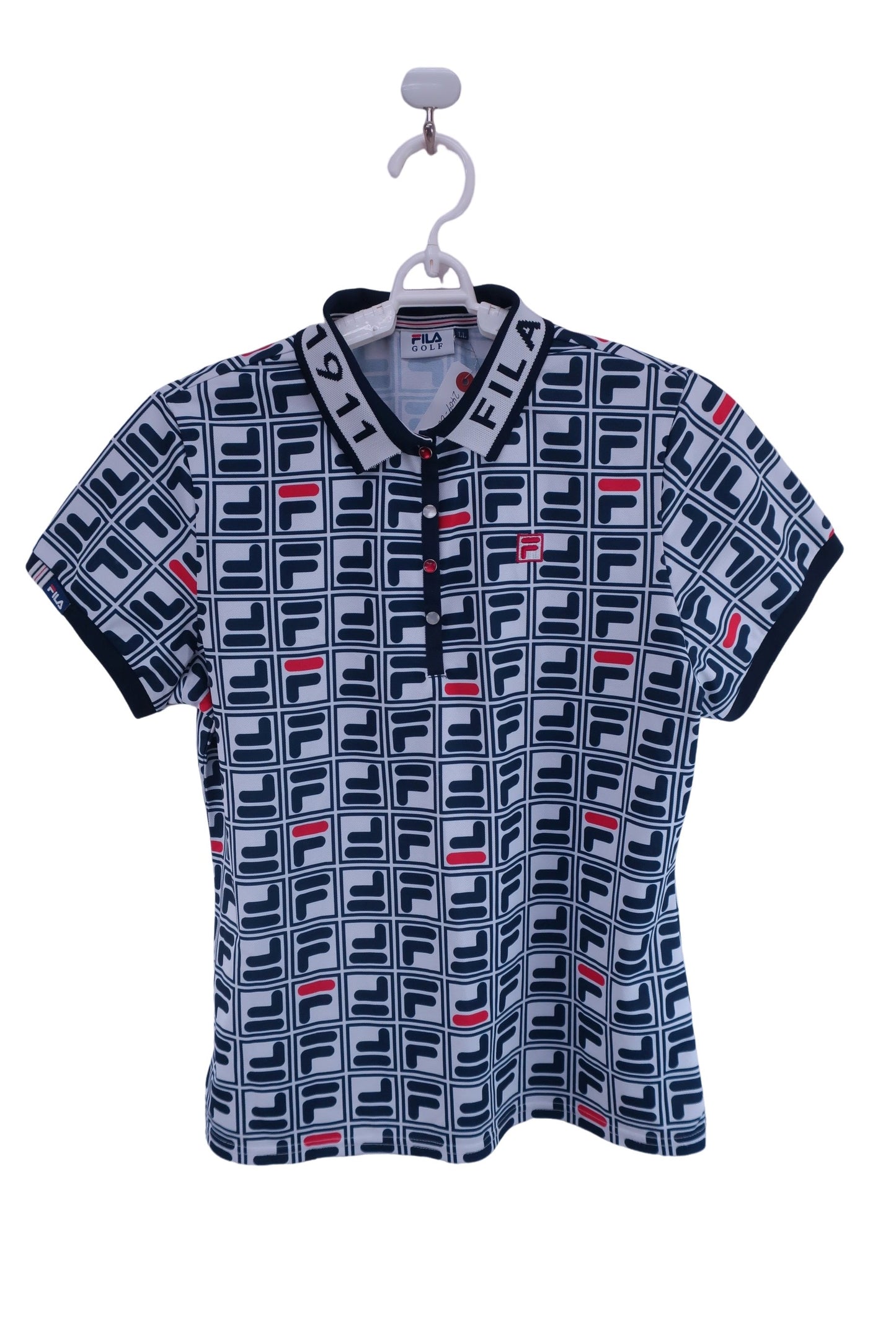FILA GOLF(フィラゴルフ) ポロシャツ 白紺ブランドロゴ総柄 レディース LL A