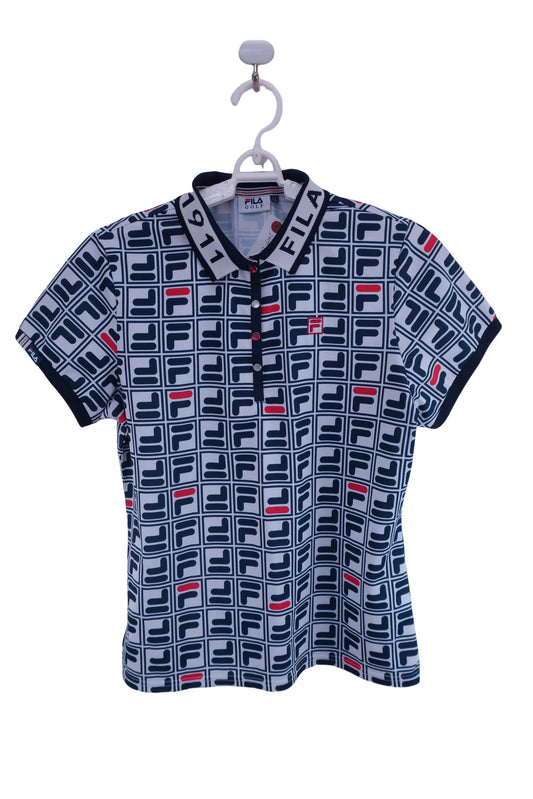 FILA GOLF(フィラゴルフ) ポロシャツ 白紺ブランドロゴ総柄 レディース LL A