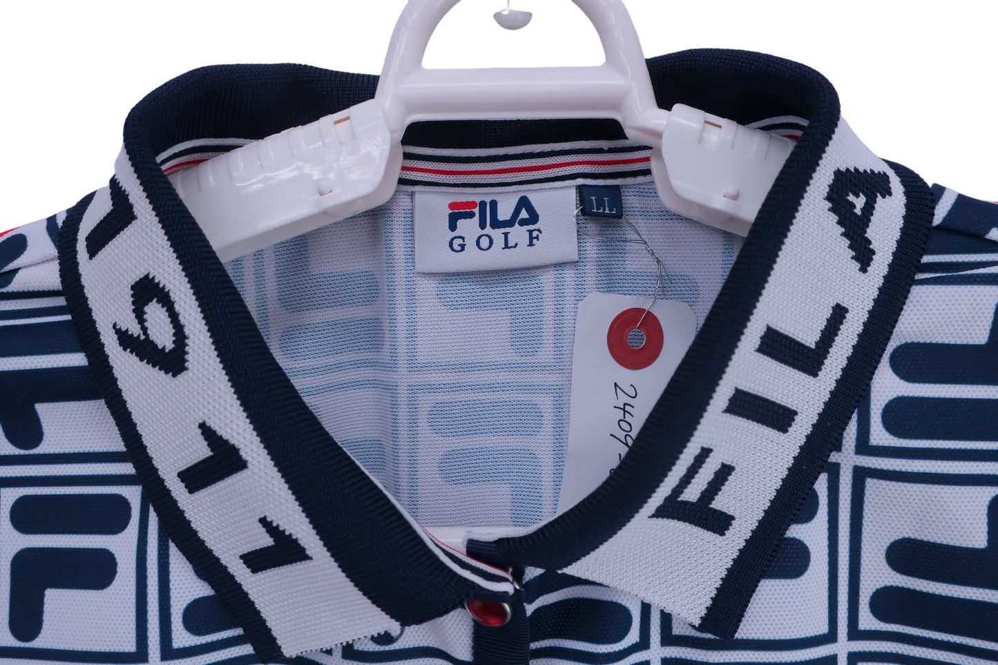 FILA GOLF(フィラゴルフ) ポロシャツ 白紺ブランドロゴ総柄 レディース LL A