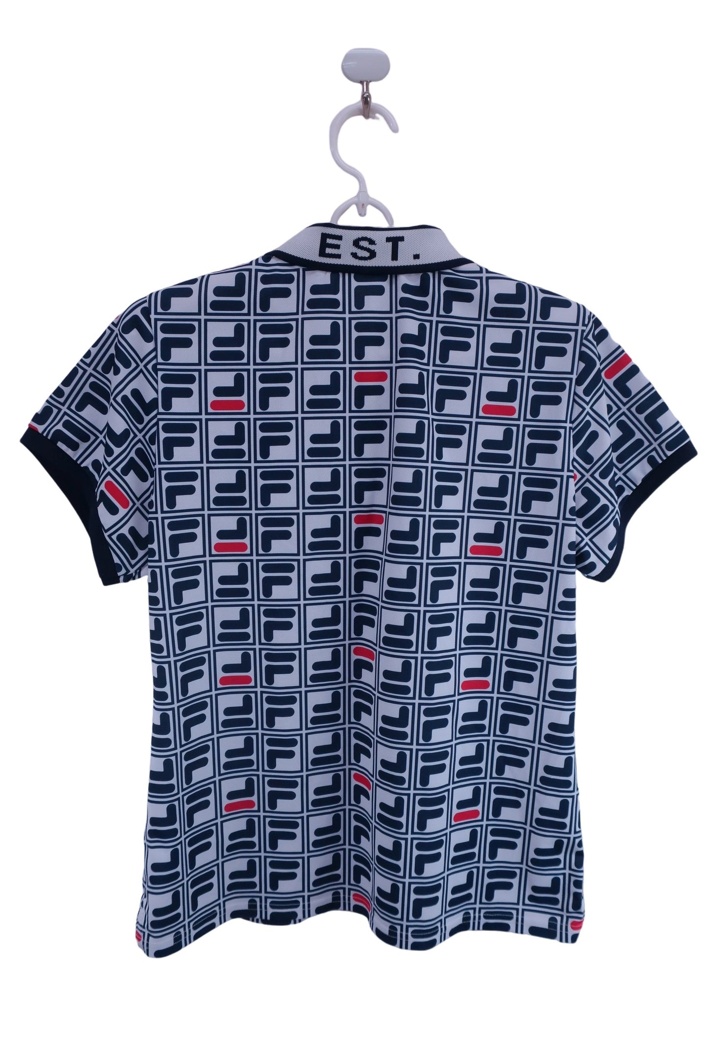 FILA GOLF(フィラゴルフ) ポロシャツ 白紺ブランドロゴ総柄 レディース LL A