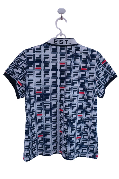 FILA GOLF(フィラゴルフ) ポロシャツ 白紺ブランドロゴ総柄 レディース LL A