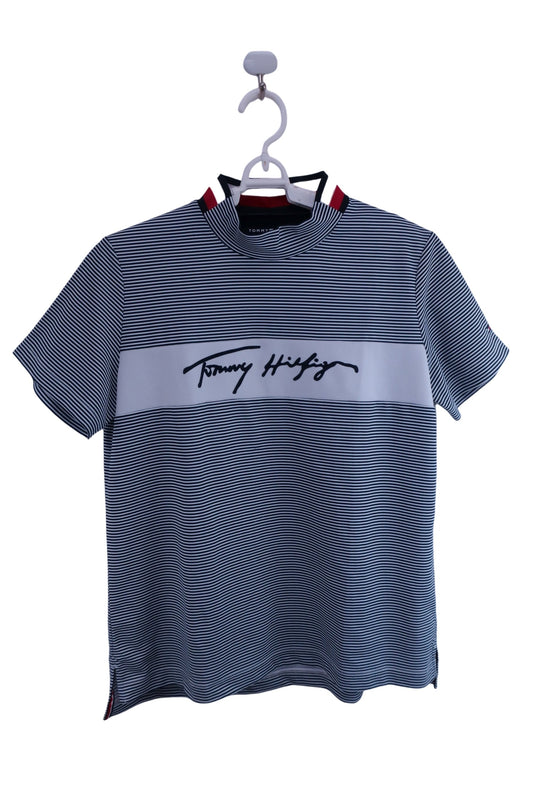 TOMMY HILFIGER GOLF(トミーヒルフィガーゴルフ) 半袖モックネックシャツ 白黒ボーダー レディース LL S-1