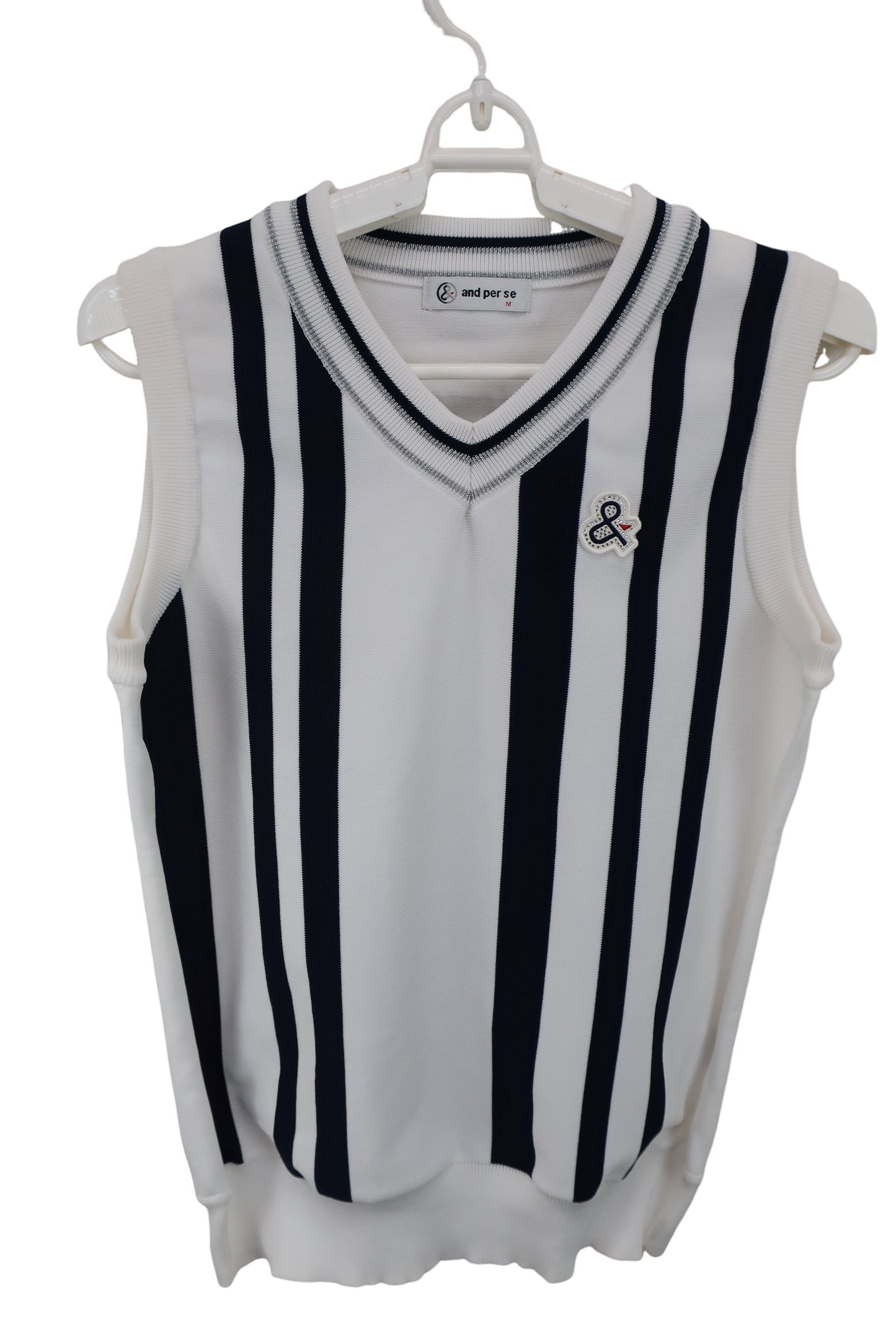 and per se(アンパスィ) ニットベスト 白ネイビーストライプ レディース M AFS2019C4 A-1