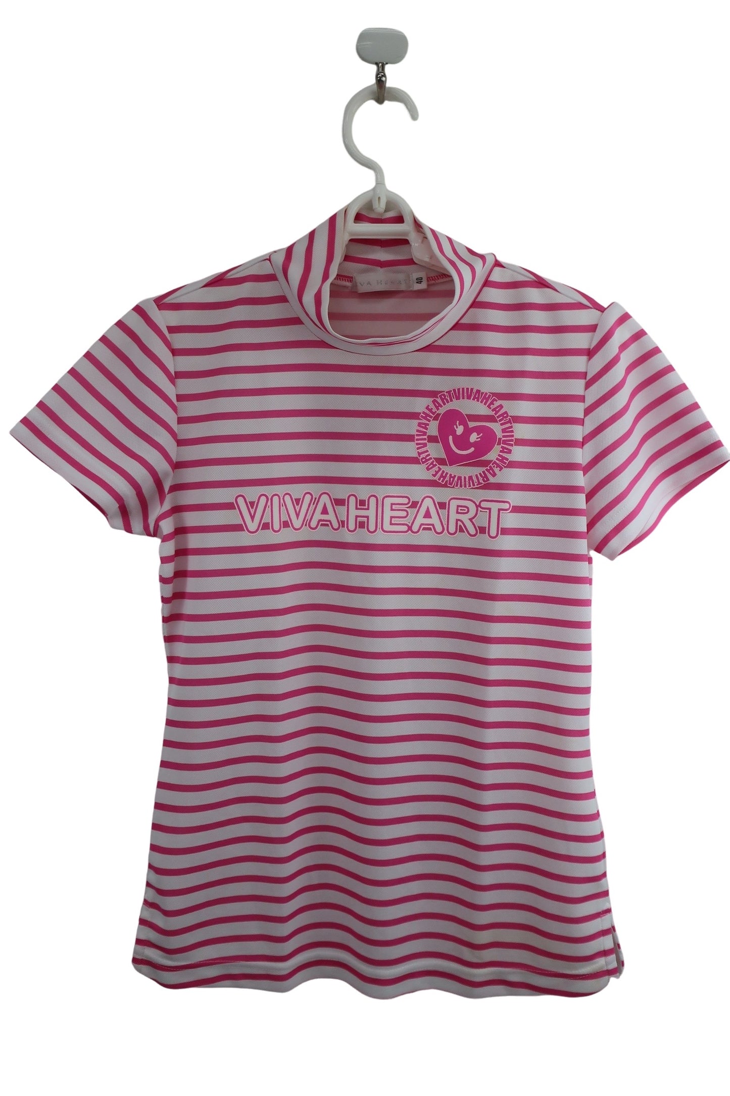 VIVA HEART(ビバハート) 半袖モックネックシャツ ピンク白ボーダー レディース 40 B-1