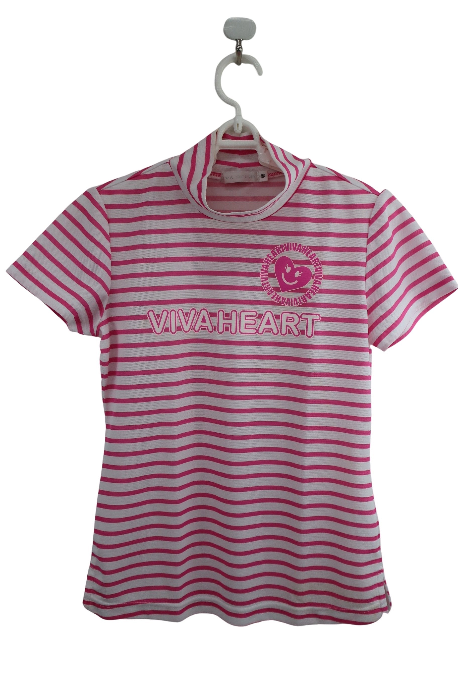 VIVA HEART(ビバハート) 半袖モックネックシャツ ピンク白ボーダー レディース 40 B-1