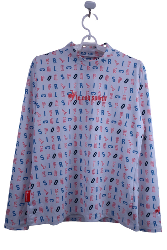 le coq sportif(ルコックスポルティフ) 長袖モックネックシャツ 白地ピンク青アルファベット柄 レディース L QGWTJB00 A-1