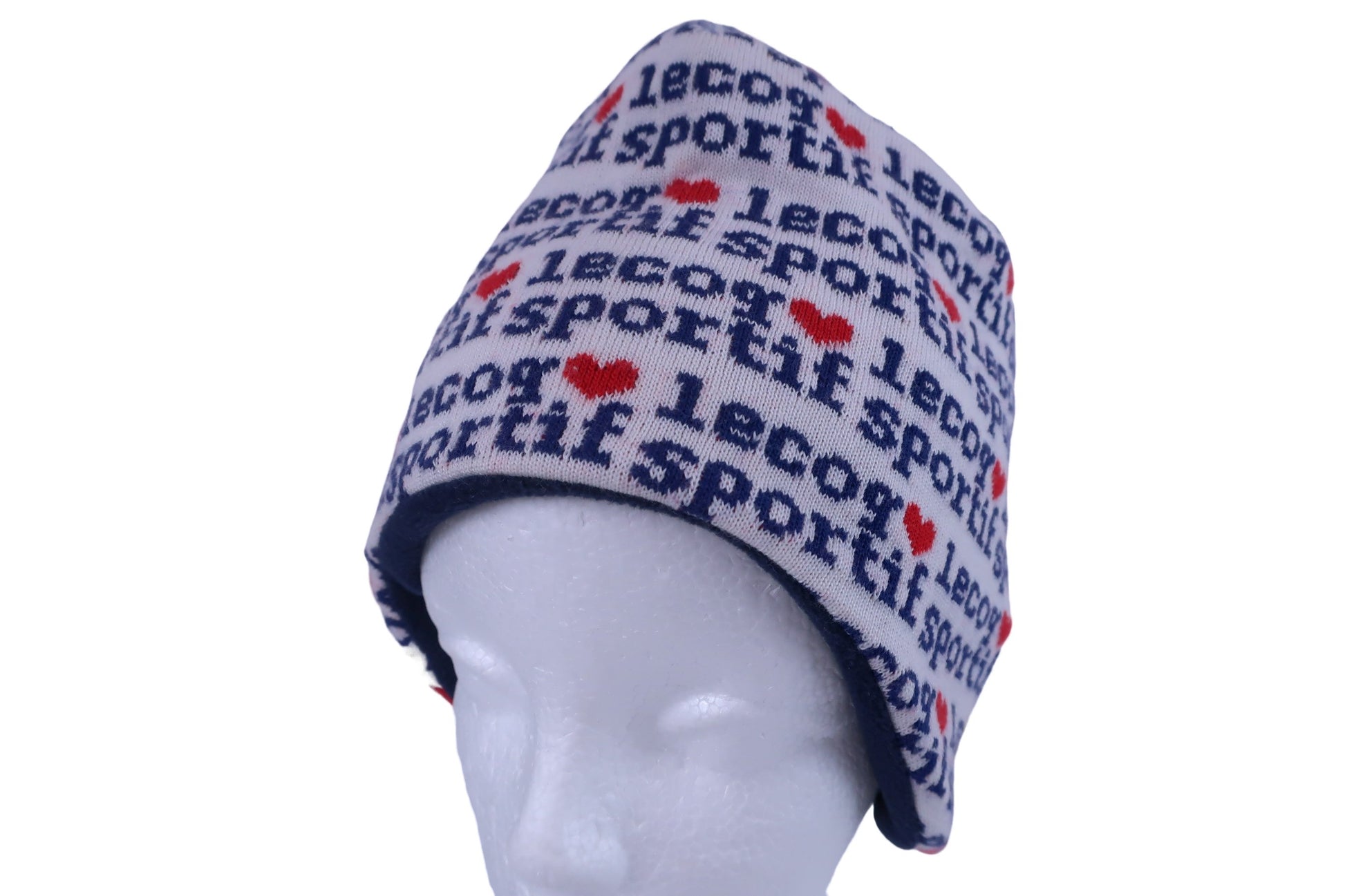 le coq sportif(ルコックスポルティフ) ニット帽 白ネイビーロゴ柄 レディース F B-1