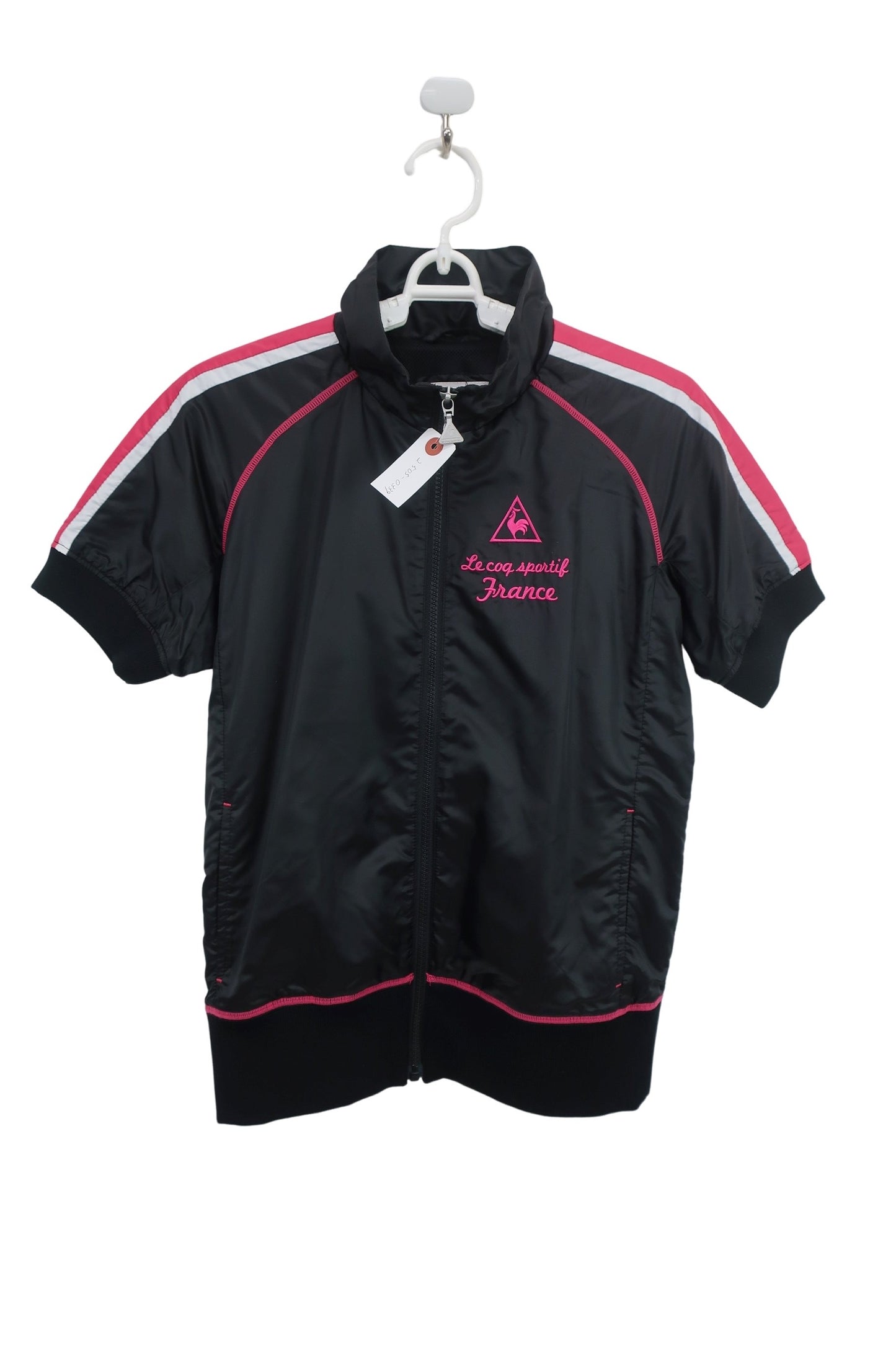le coq sportif(ルコックスポルティフ) 半袖ナイロンブルゾン 黒地ピンク白 レディース M A-1