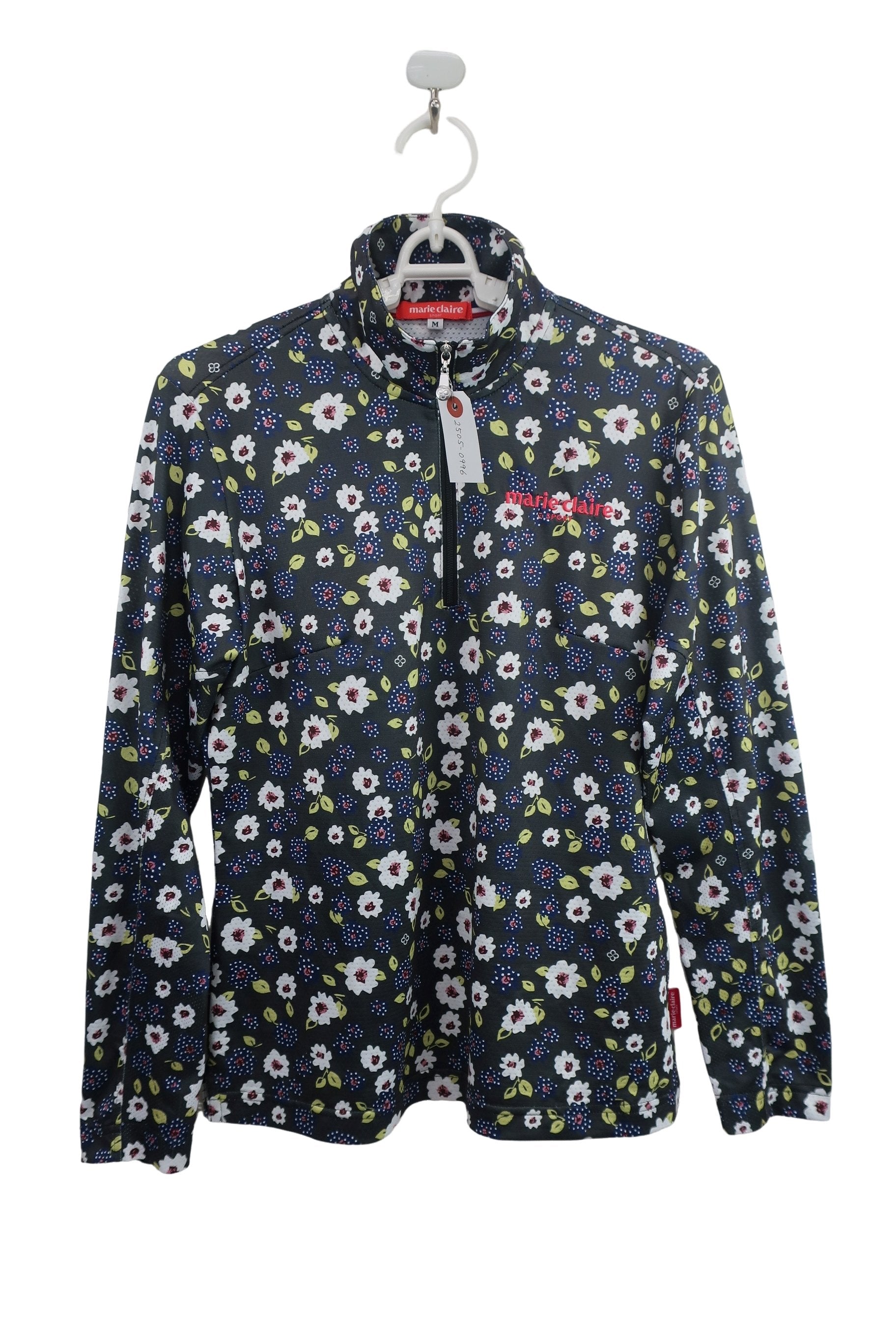 marie claire sport(マリ・クレール・スポーツ) ハーフジップ長袖シャツ グレー白ネイビー花柄 レディース M A-1