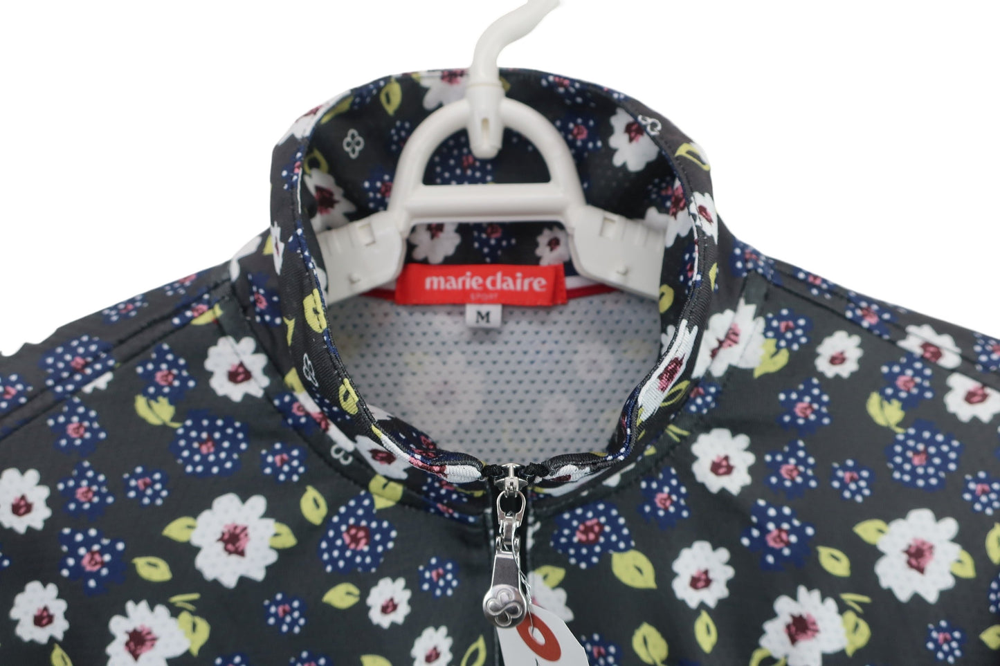 marie claire sport(マリ・クレール・スポーツ) ハーフジップ長袖シャツ グレー白ネイビー花柄 レディース M A-3