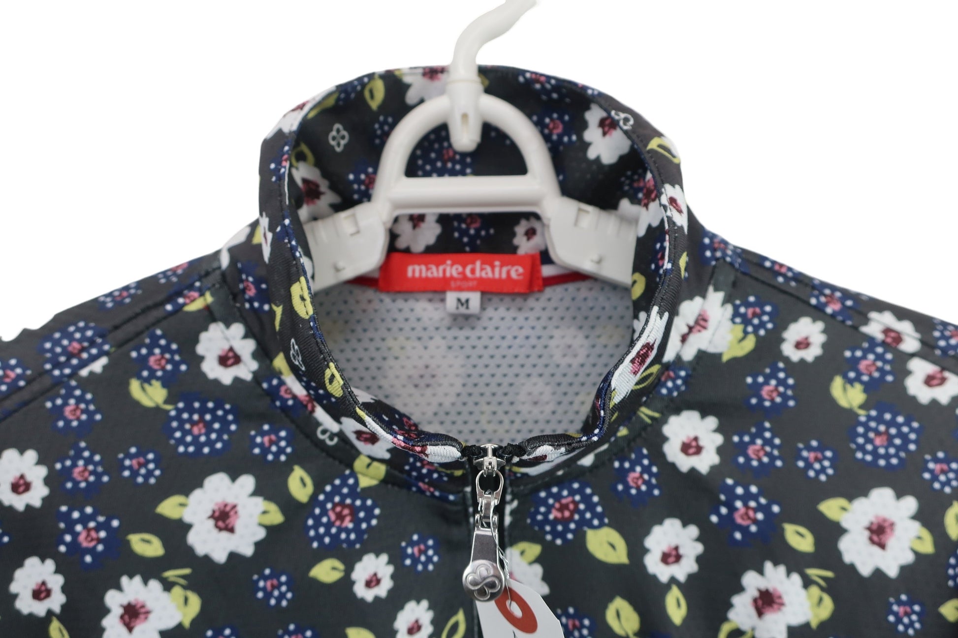 marie claire sport(マリ・クレール・スポーツ) ハーフジップ長袖シャツ グレー白ネイビー花柄 レディース M A-3