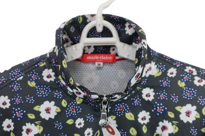 marie claire sport(マリ・クレール・スポーツ) ハーフジップ長袖シャツ グレー白ネイビー花柄 レディース M A-3