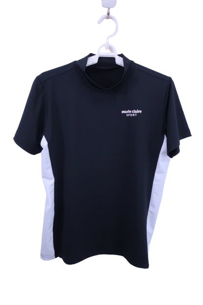 marie claire sport(マリ・クレール・スポーツ) 半袖モックネックシャツ 黒白 レディース L A