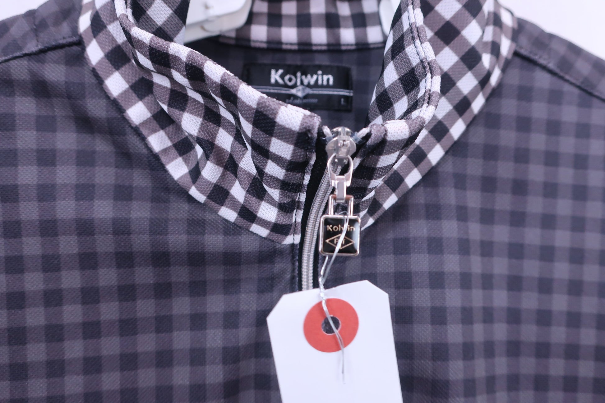 Kolwin(コルウィン) 半袖ハーフジップシャツ 白黒チェック レディース L A