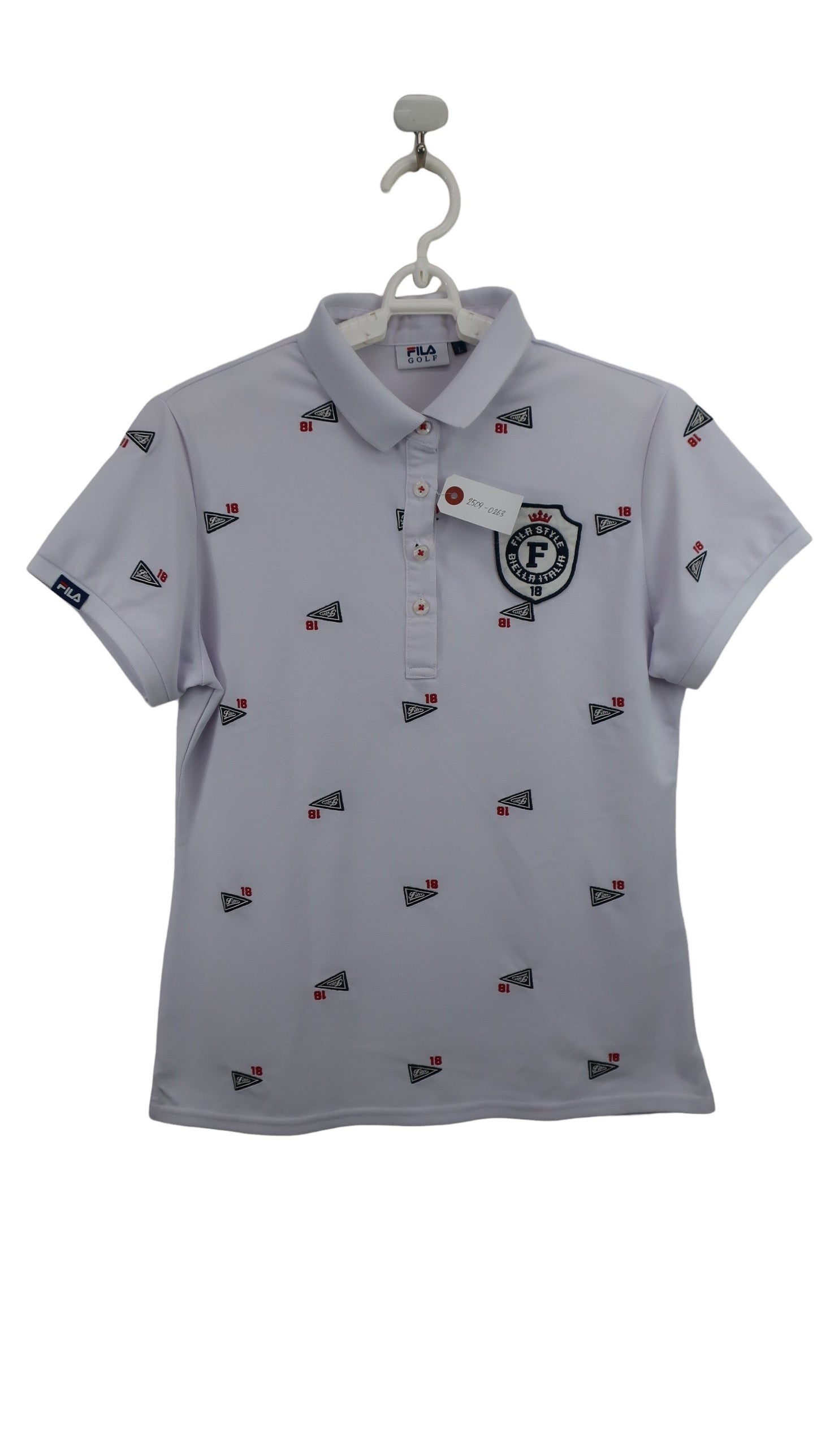 FILA GOLF(フィラゴルフ) ポロシャツ 白ネイビー総柄 レディース L A