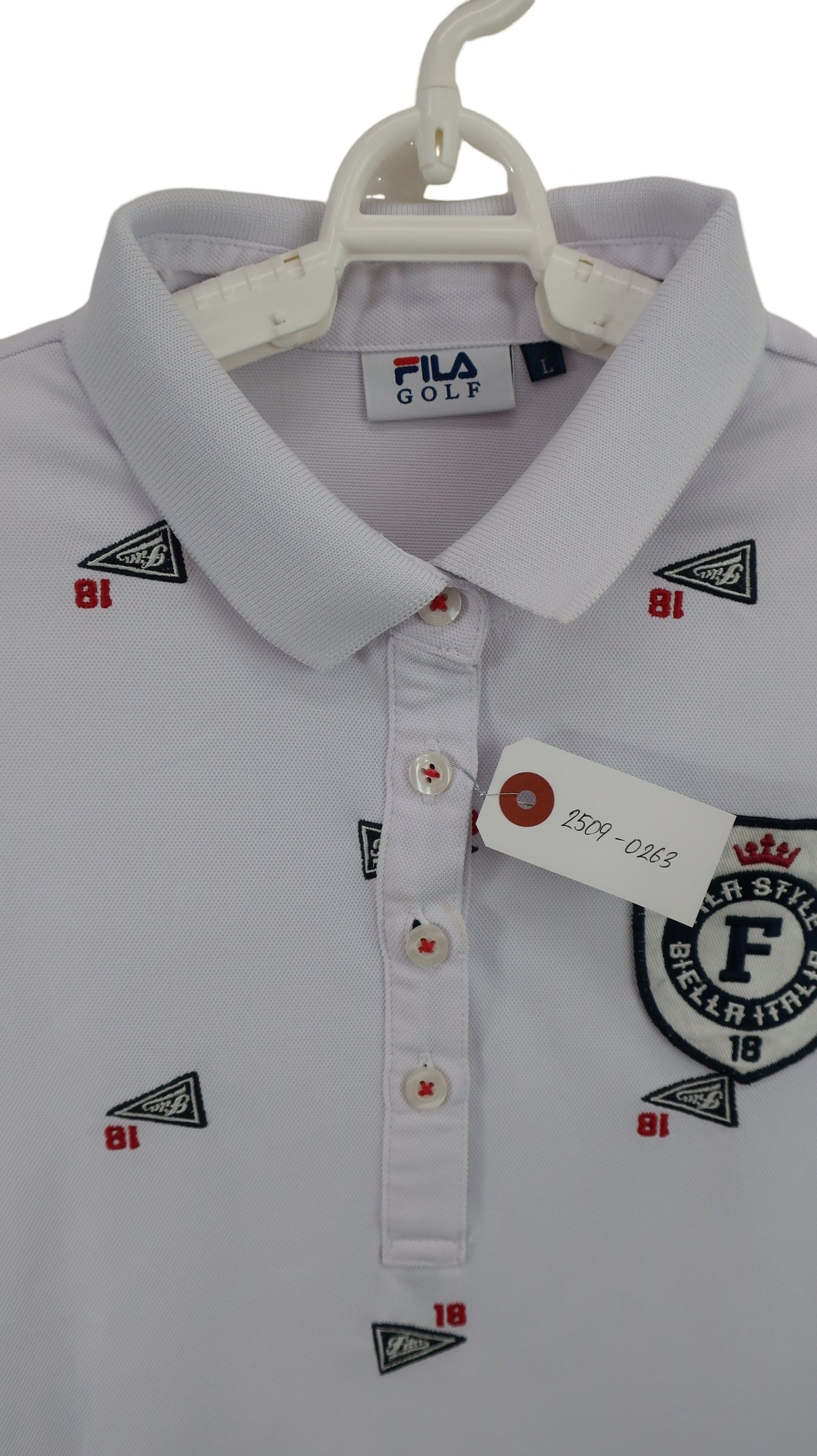 FILA GOLF(フィラゴルフ) ポロシャツ 白ネイビー総柄 レディース L A