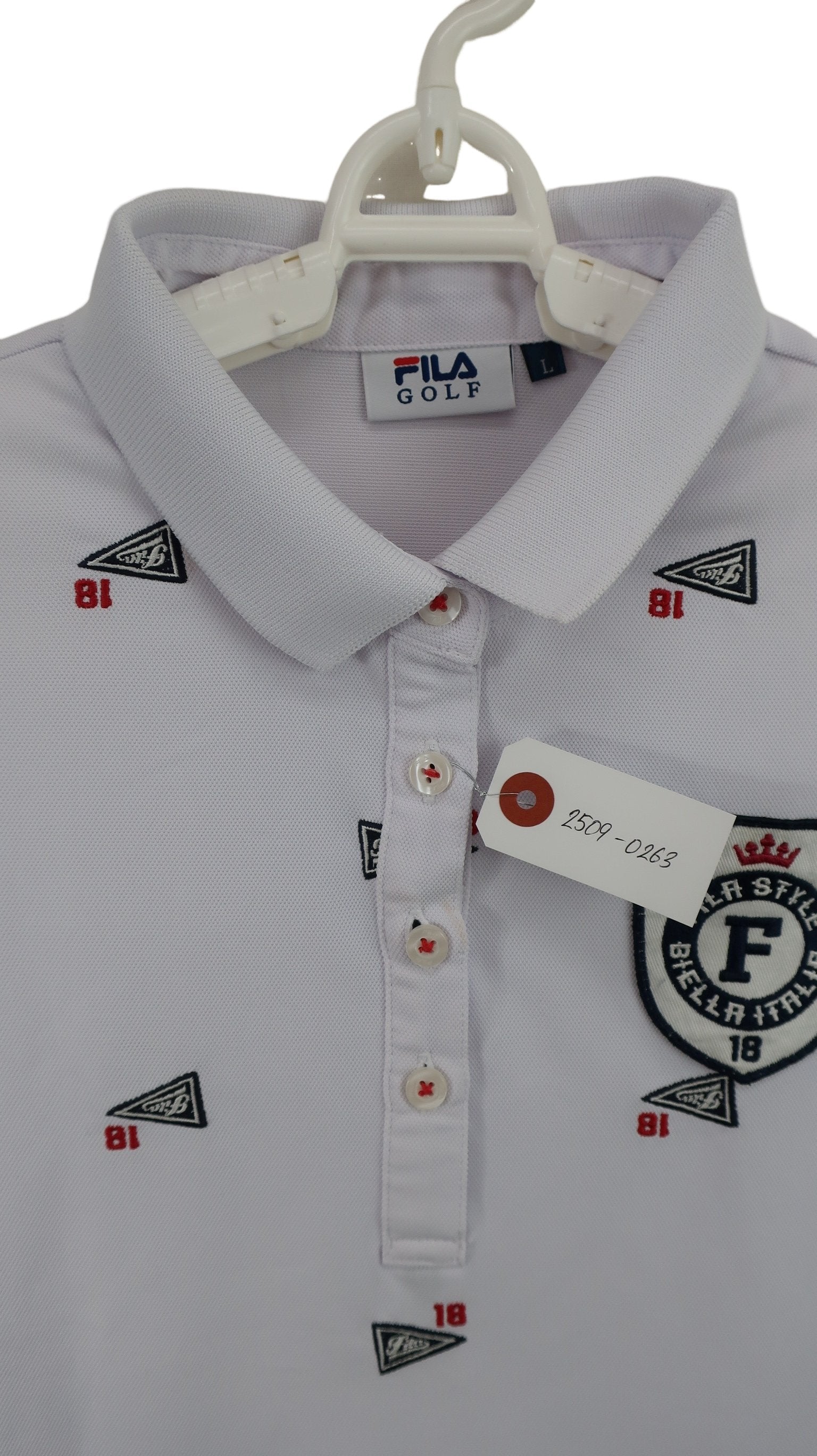 FILA GOLF(フィラゴルフ) ポロシャツ 白ネイビー総柄 レディース L A
