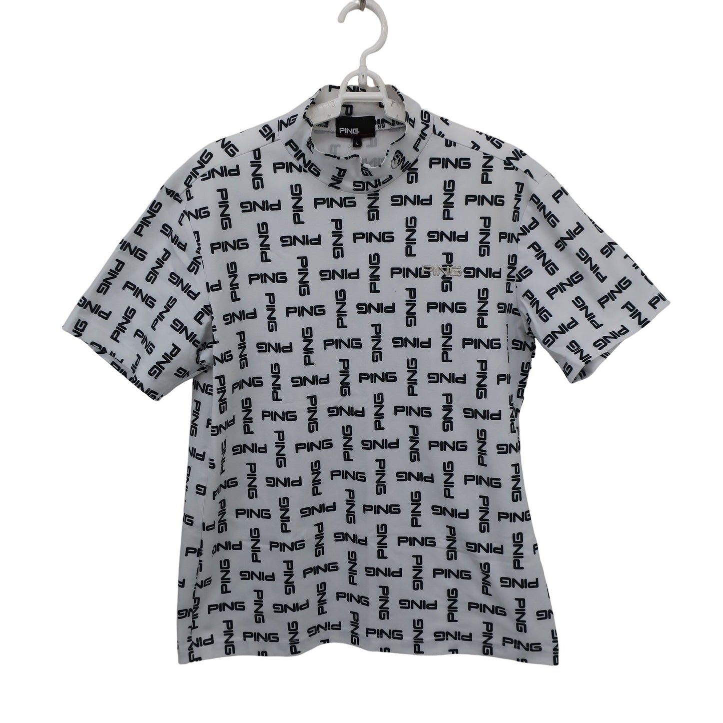 PING(ピン) 半袖モックネックシャツ 白黒ロゴ柄 メンズ L A