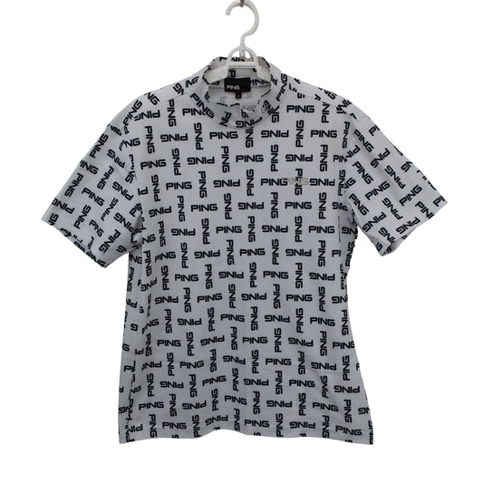 PING(ピン) 半袖モックネックシャツ 白黒ロゴ柄 メンズ L A