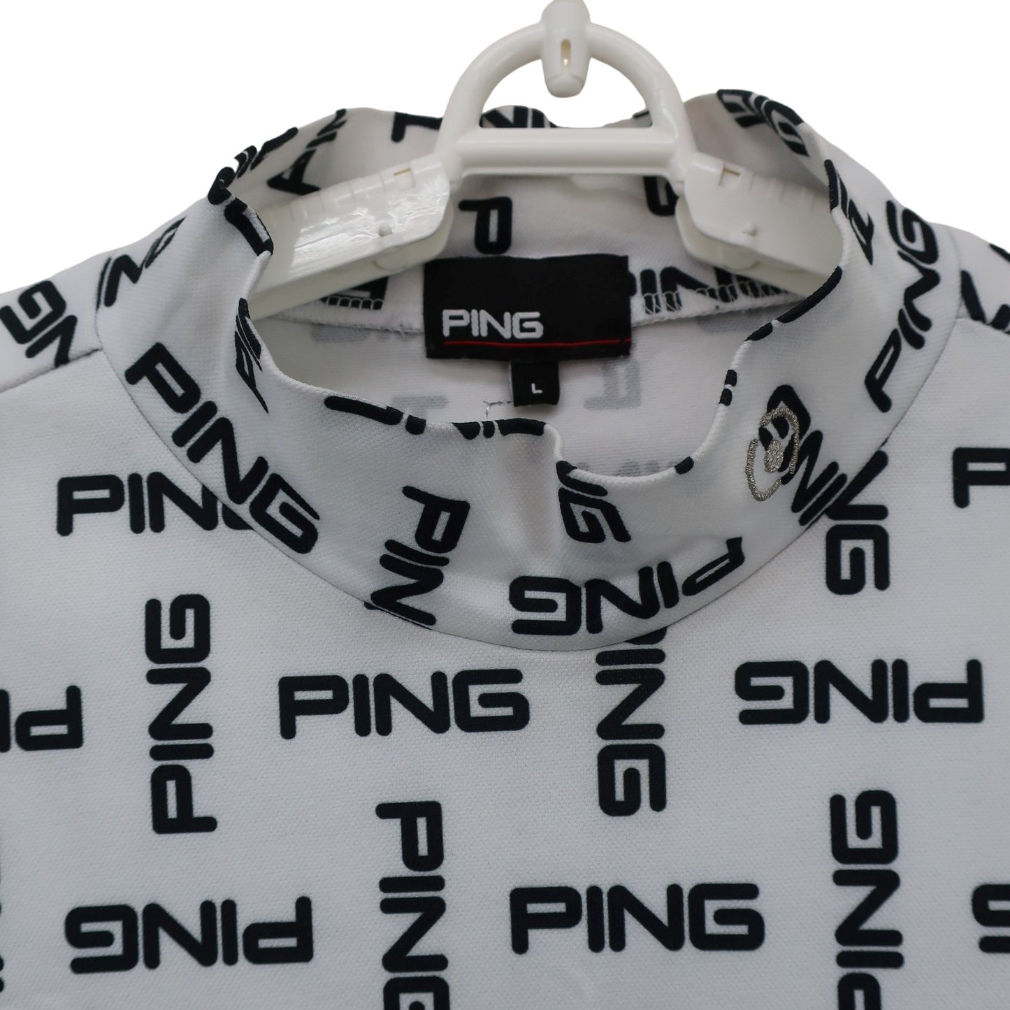 PING(ピン) 半袖モックネックシャツ 白黒ロゴ柄 メンズ L A