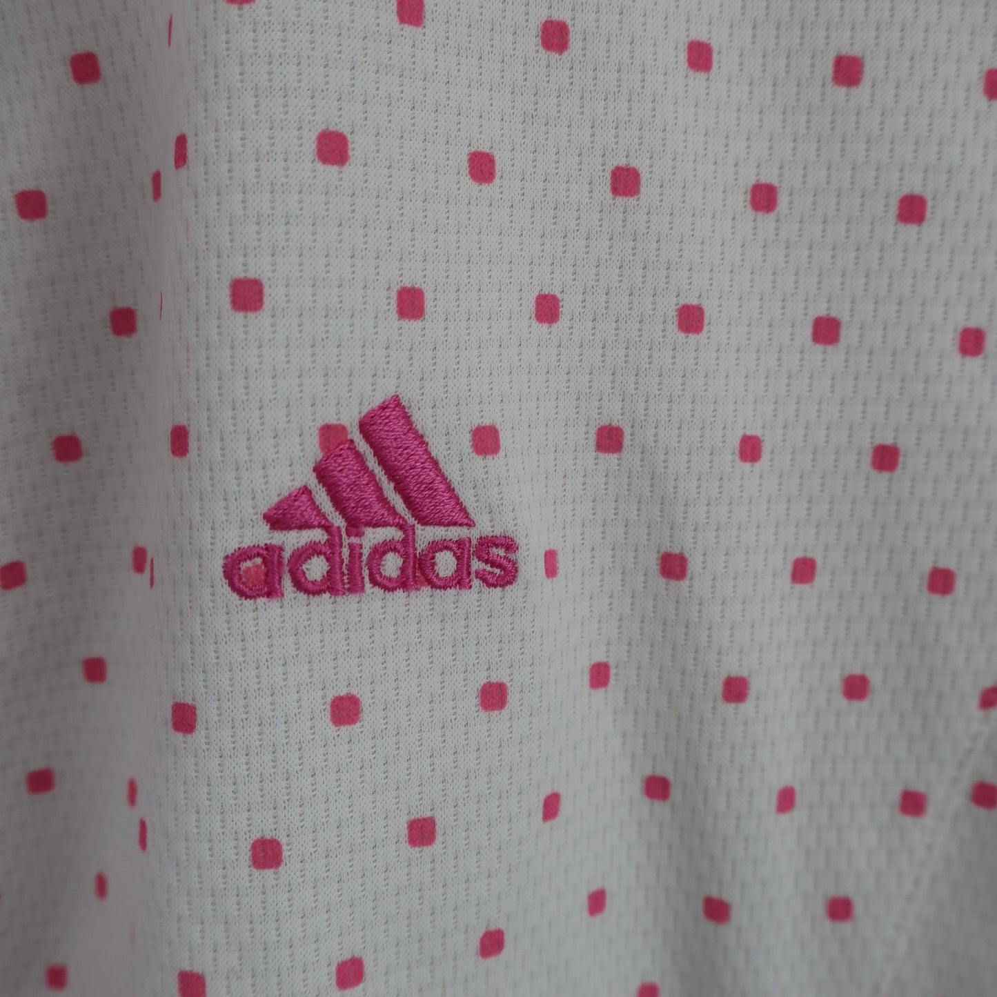 adidas(アディダス) 半袖ハーフジップシャツ 白ピンク水玉柄 レディース L/G A