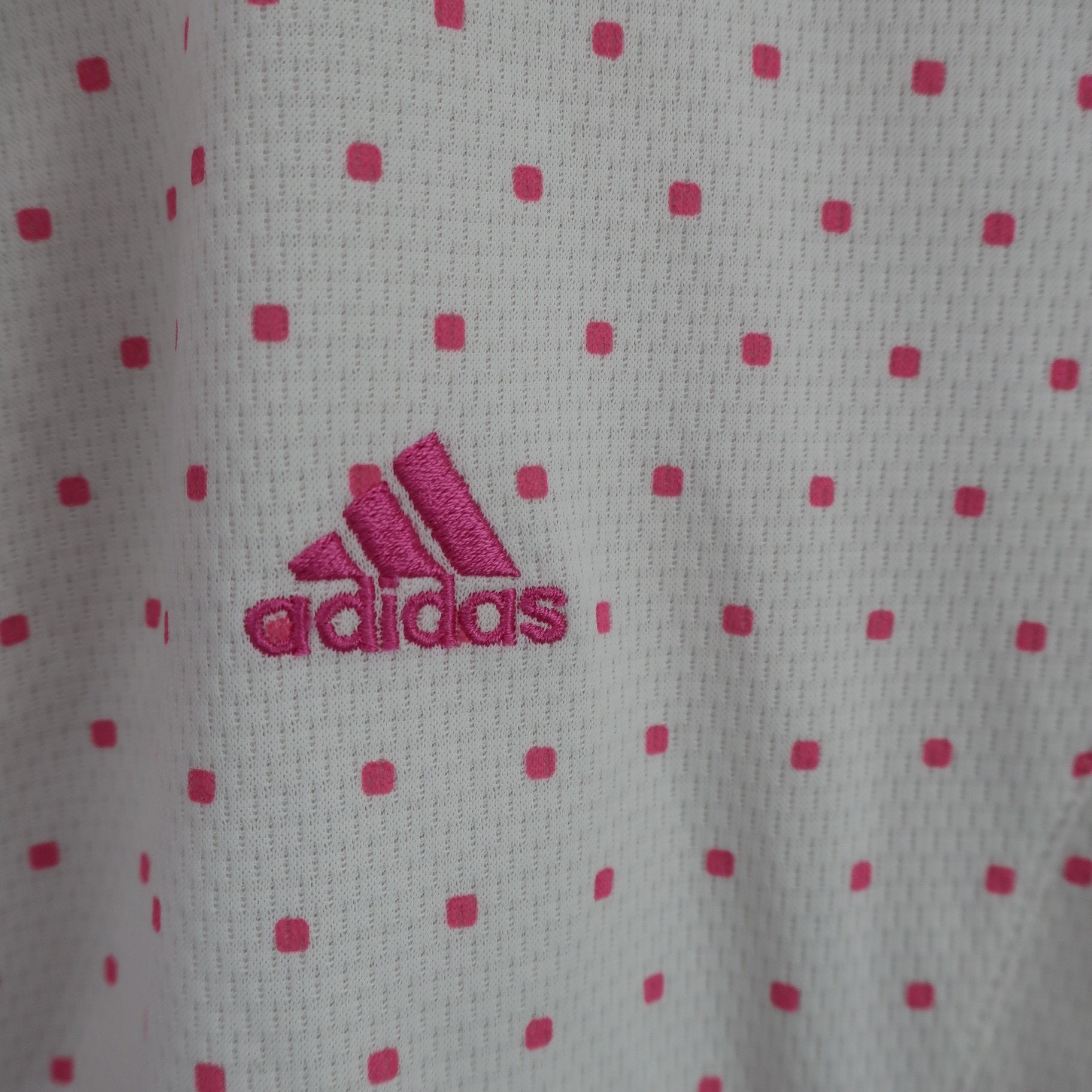 adidas(アディダス) 半袖ハーフジップシャツ 白ピンク水玉柄 レディース L/G A