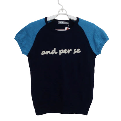and per se(アンパスィ) 半袖ニットシャツ ネイビー水色 レディース M B