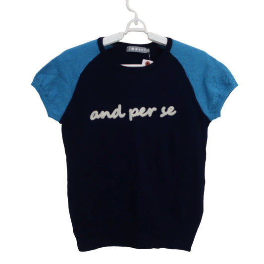 and per se(アンパスィ) 半袖ニットシャツ ネイビー水色 レディース M B