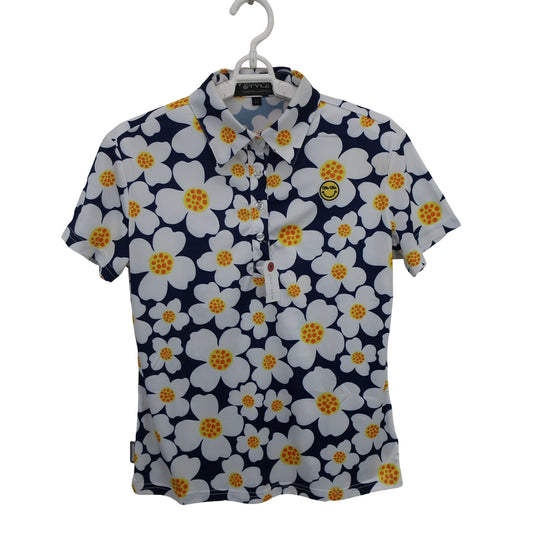 WINWIN STYLE(ウィンウィンスタイル) ポロシャツ ネイビー白花柄 レディース M B