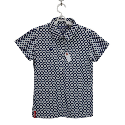 le coq sportif(ルコックスポルティフ) ポロシャツ 白ネイビー総柄 レディース L A