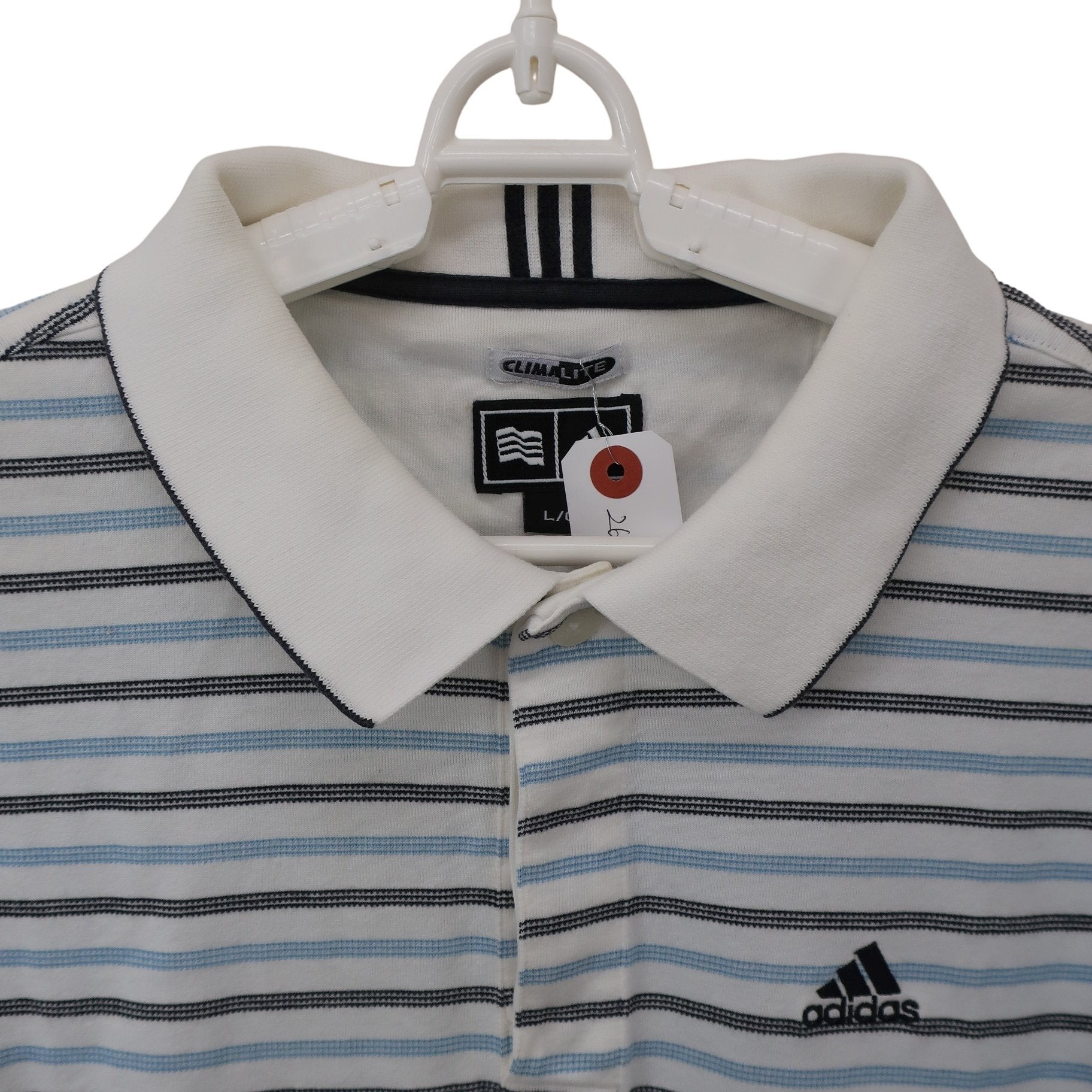 adidas(アディダス) ポロシャツ 白水色ボーダー メンズ L B